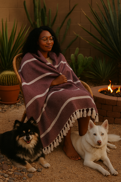 Red Tweed Style Turkish Blanket-Lifestyle-Dogs-Blackwoman-seated-resting