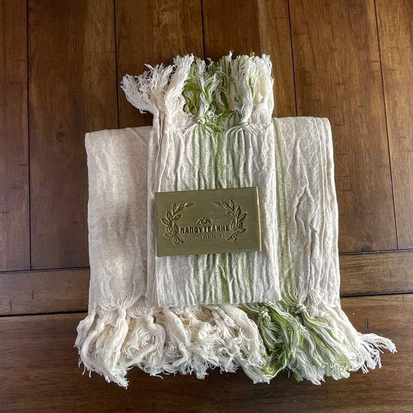 Aegean Handmade Turkish Towels in Green and Cream